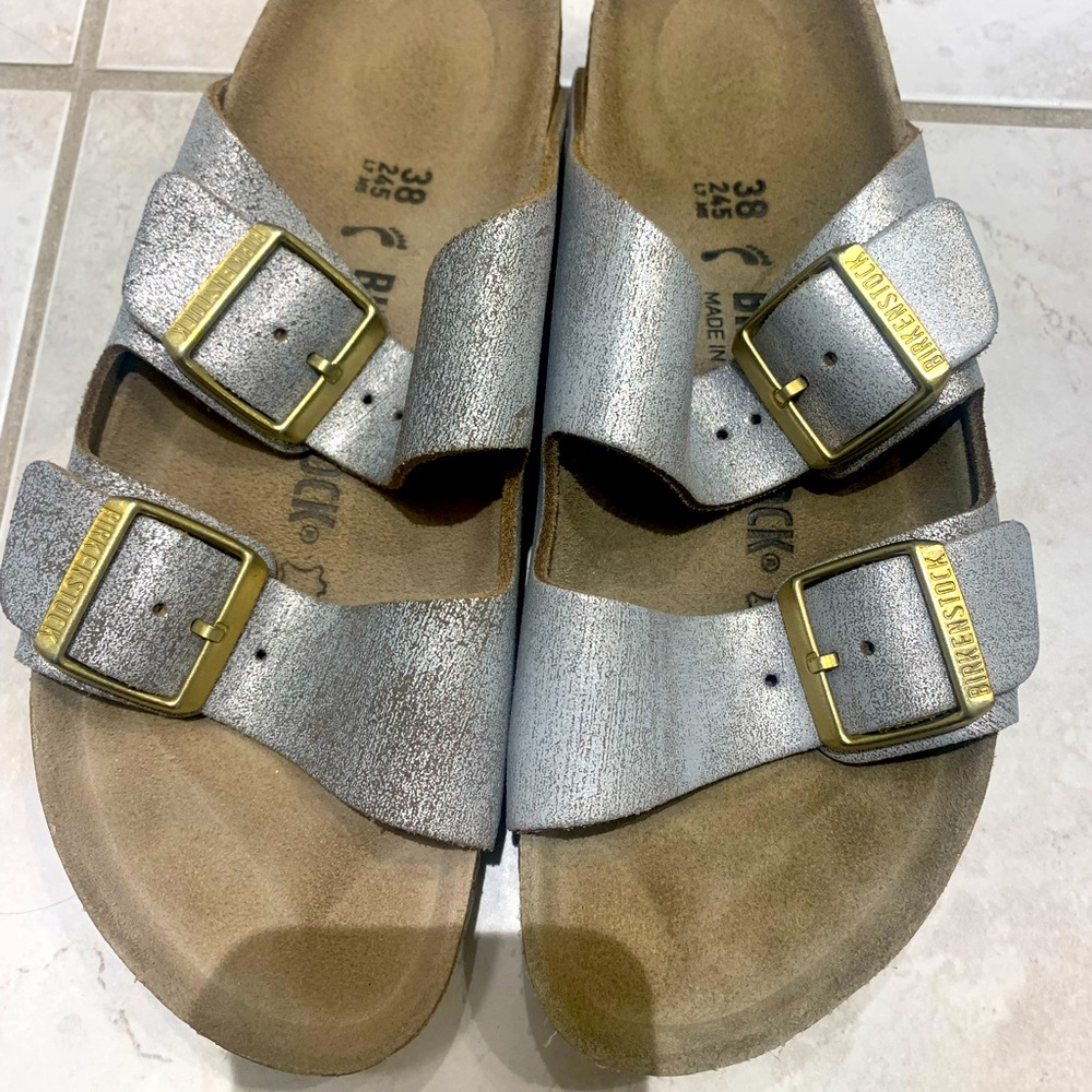 New w/o box leather Arizona Birkenstock size 38 - Silver light blue ish leather